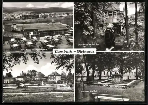 AK Tambach-Dietharz, Mühlenrad an der Post, Kurpark, Brunnen im Park