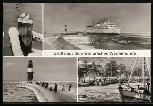 AK Warnemünde, Hafenansicht, Blick zum Leuchtturm im Winter