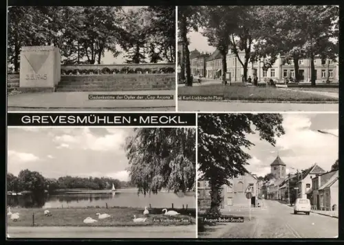 AK Grevesmühlen /Meckl., Gedenkstätte Cap Arcona, Karl-Liebknecht-Platz, Vielbecker See, August-Bebel-Strasse