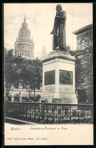 AK Mainz, Gutenberg-Denkmal u. Dom