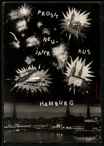 AK Hamburg, Stadtpanorama und Partien mit Feuerwerk, Neujahrsgruss