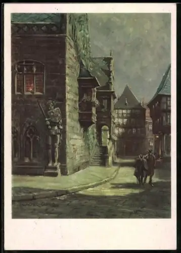 Künstler-AK Halberstadt, Mondnacht am Holzmarkt