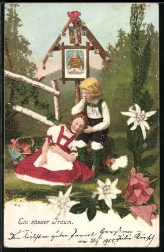 AK Junge und schlafendes Mädchen vor einem Flurkreuz