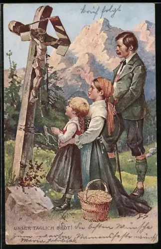 AK Paar mit Kind betet an einem Flurkreuz