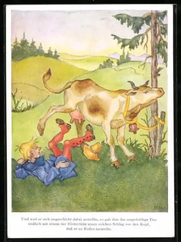 Künstler-AK sign. B. Weber: Hans im Glück, Und weil er sich ungeschickt dabei anstellte..., Märchen