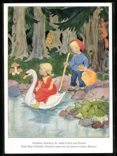AK Hänsel und Gretel mit einem Schwan am See