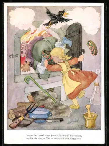 AK Gretel schiebt die Hexe in den Ofen, Hänsel und Gretel