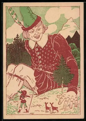 AK Der Riese sitzt auf einer Wiese, Das tapfere Schneiderlein
