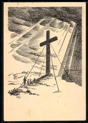 Künstler-AK Wanderer am Traunsteinkreuz