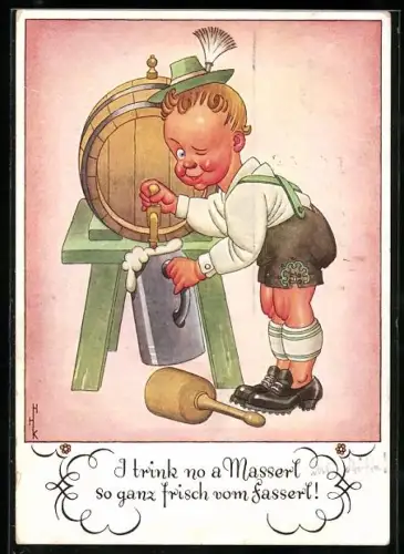 AK Junge in Tracht füllt einen Krug aus einem Bierfass