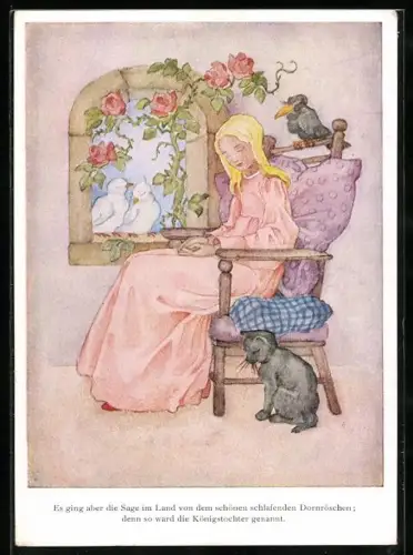 AK Das schlafende Dornröschen mit schlafenden Tieren