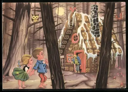 AK Hänsel und Gretel am Haus der Hexe im Wald