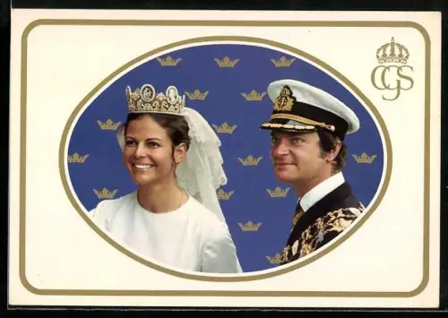 AK König Carl XVI Gustaf von Schweden und Königin Silvia in ovalem Passepartout
