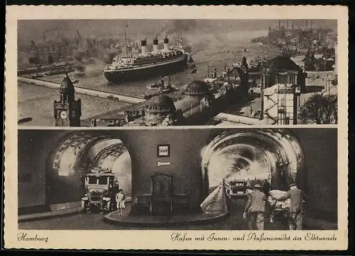 AK Hamburg-St. Pauli, Hafen mit Innen- und Aussenansicht des Elbtunnels