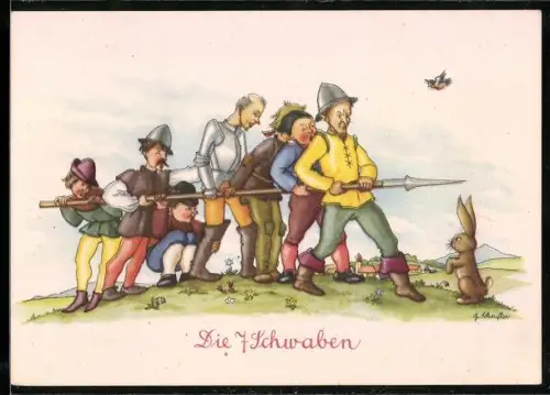 Künstler-AK Die 7 Schwaben gegenüber dem Hasen