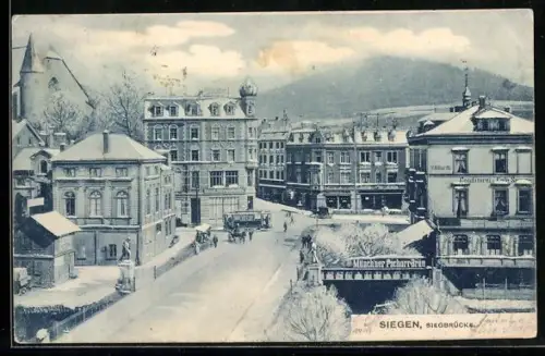 AK Siegen, Hotel Fürst Moritz an der Siegbrücke, Strassenbahn