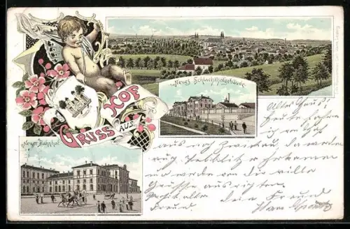 Lithographie Hof, Neuer Bahnhof, Neues Schlachthofgebäude, Ortsansicht
