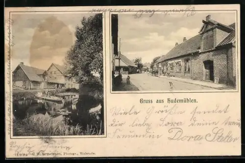 AK Hudemühlen, Strassenpartie und Wasseransicht mit Ruderbooten