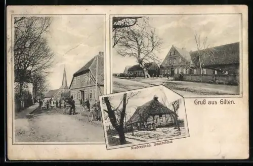 AK Gilten, Strassenpartie mit Kirche und Niedersächsisches Bauernhaus