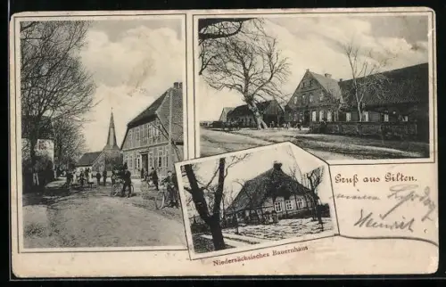 AK Gilten, Strassenpartie mit Kirche und Niedersächsisches Bauernhaus
