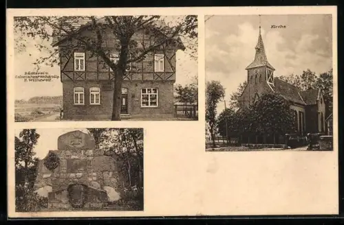 AK Bierde /Böhme, Bäckerei und Colonialwarenhandlung von H. Willuweit, Kirche und Kriegerdenkmal