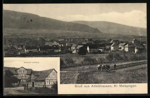 AK Adelshausen /Melsungen, Totalansicht des Ortes und Gasthof Ludwig