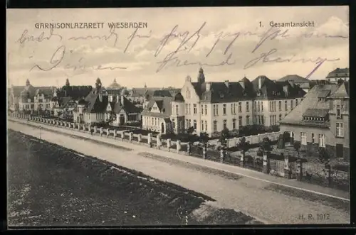AK Wiesbaden, Garnisonlazarett aus der Vogelschau