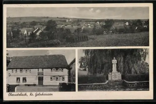 AK Obersatzbach /Gelnhausen, Gesamtansicht des Ortes, Gasthaus und Gefallenendenkmal