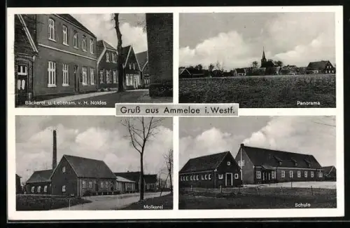 AK Ammeloe i. Westf., Bäckerei von H. Noldes, Panorama, Molkerei und Schule
