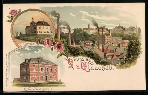 Lithographie Glauchau, Waisenhaus, Höhere Webschule und Ortsansicht