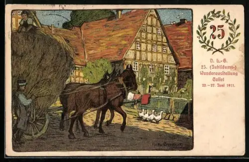 AK Cassel, 25. Jubiläums-Wanderausstellung 1911, Pferdefuhrwerk bei der Heuernte
