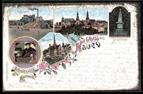 Lithographie Nauen, Mit Zuckerfabrik, Königsplatz, Kriegerdenkmal und Panorama