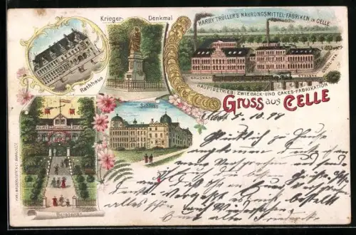 Lithographie Celle, Gasthaus Berggarten, Harry Trüller`s Nahrungsmittel-Fabriken an der Brücken-Strasse