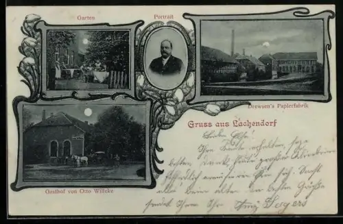 Mondschein-AK Lachendorf, Drewsens Papierfarbrik, Gasthof von Otto Willeke und Garten