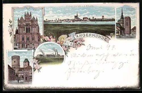 Lithographie Tangermünde, Zuckerfabrik, Neustädter Tor, Rathaus