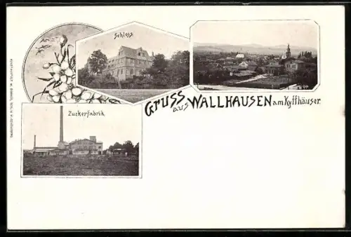 AK Wallhausen am Kyffhäuser, Panorama, Schloss und Zuckerfabrik