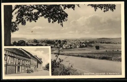 AK Gödenroth /Hunsrück, Panorama und Strassenpartie im Ort mit Gasthaus von Walter Peiter