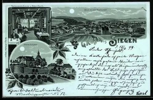 Mondschein-Lithographie Siegen, Restaurant Krone von Albert Koch mit Panorama des Ortes vom Restaurant aus sowie Schloss