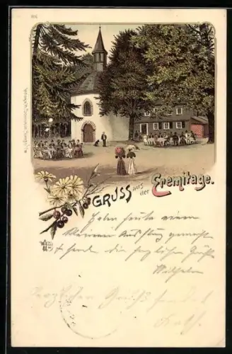 Lithographie Siegen, Gasthof Eremitage mit Besuchern