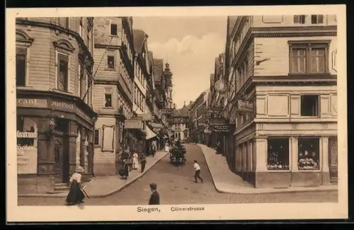 AK Siegen, Blick in die Cölnerstrasse, Restaurant zur Post