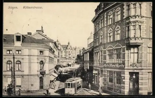 AK Siegen, Kölnerstrasse mit Hotel Fürst Moritz, Inh. Wilhelm Klein, Strassenbahn