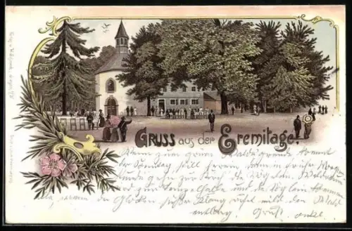 Lithographie Siegen, Gasthaus Eremitage mit Besuchern