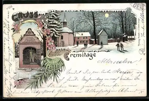 Winter-Lithographie Siegen, Eremitage, Strassenpartie, Monument