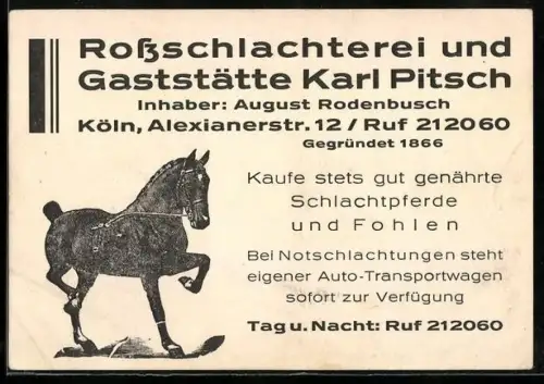 AK Köln, Rossschlachterei und Gaststätte Karl Pitsch, Alexianerstrasse 12