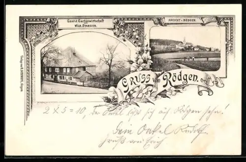 AK Rödgen, Gasthaus Wilh. Stangler, Ortsansicht mit Kirche