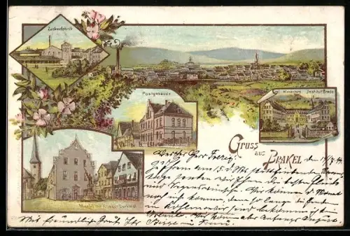 Lithographie Brakel, Totalansicht, Zuckerfabrik, Post, Markt mit Kriegerdenkmal