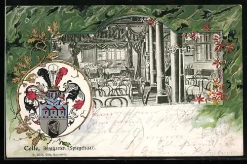 Passepartout-Lithographie Celle, Gasthaus Berggarten, Spiegelsaal, Wappen