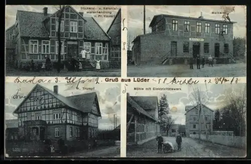 AK Lüder, Bäckerei- und Kolonialwarenhandlung v. Fr. Kauert, Mühle m. Elektrizitätswerk, Molkerei u. Haus v. W. Trumpf