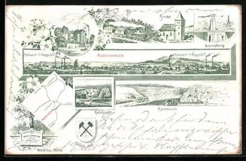 Lithographie Marienhagen, Kalkbruch, Kalkwerk Fr. Rogge & Co., Kirche, Waterloo-Eiche