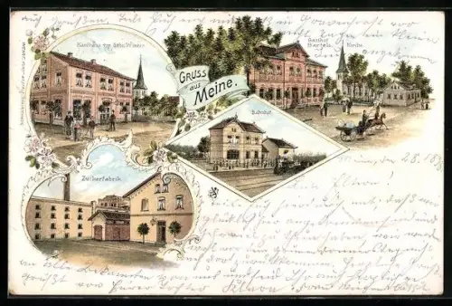 Lithographie Meine, Kaufhaus d. Gebr. Winter, Gasthaus Bartels, Kirche, Bahnhof